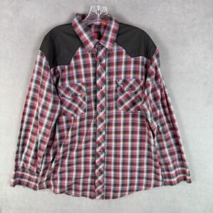 Red Ranch Mens Black Snap Shirt Size L Shiny Inlay Western Cowboy Plaid Flannel